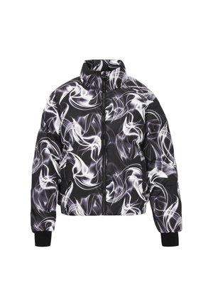 Ingekorte puffy jas in het zwart met witte spiraalpatronen. Gemaakt van glanzend, lichtgewicht materiaal met een hoge kraag en elastische manchetten.
