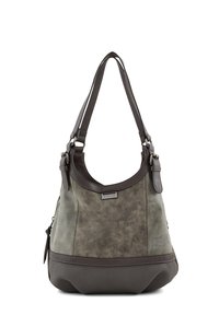 Hobo-stijl tas in grijs en donkerbruin gemengde materialen, met een gladde textuur, gebogen vorm en verstelbare schouderband.