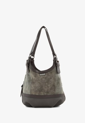 Hobo-stijl tas in grijs en donkerbruin gemengde materialen, met een gladde textuur, gebogen vorm en verstelbare schouderband.