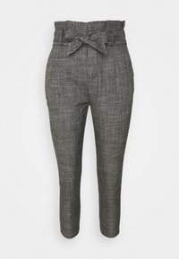 Grå rutiga byxor med hög midja, med en knytbelte och avsmalnande ben. Tillverkade av ett strukturerat tyg med ett subtilt rutmönster.