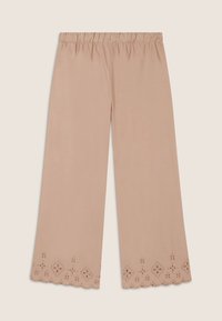 Pantalones de pierna ancha en rosa claro con cintura elástica, que presentan detalles bordados y dobladillos con forma de ola en la parte inferior.
