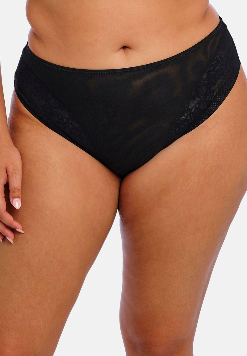 Black high-waisted underwear features a sheer mesh side panel with lace accents, smooth fabric, and a comfortable fit design.