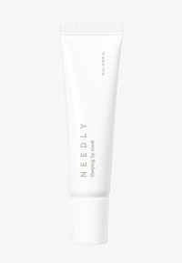 Tubo cosmetico bianco con tappo a scatto, etichettato "NEEDLY Sleeping Lip Mask." Capacità: 10 ml / 0,33 fl. oz. Finitura liscia, design minimalista.