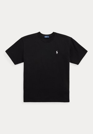 T-shirt noir à manches courtes et à col rond, avec un petit logo blanc représentant un joueur de polo sur la poitrine.