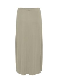 Beige, mid-langt nederdel lavet af blød, strækbar stof. Har et elastisk taljebånd og et enkelt, lige snit uden mønstre.
