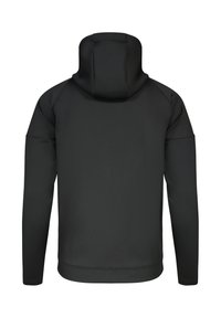 Sweat à capuche noir à manches longues avec des manches ajustées et une capuche, vu de dos sur un fond blanc uni.