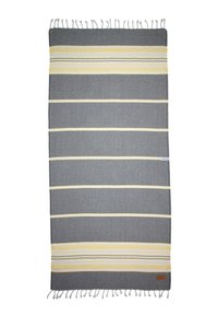 Gestreepte deken in grijs en geel, geweven stof met franjes aan de randen. Bevat horizontale strepen van verschillende dikte en een subtiele textuur.