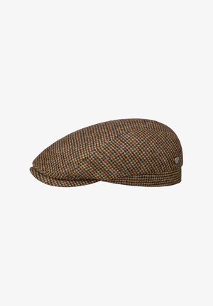 Brown, beige, and blue tweed flat cap with a small curved brim and a metal button detail on the side.