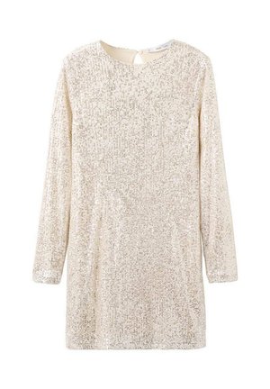 Robe à manches longues couleur crème, entièrement ornée de sequins. Encolure ronde avec une ouverture en goutte d'eau dans le dos. Texture lisse, coupe décontractée, longueur genoux.
