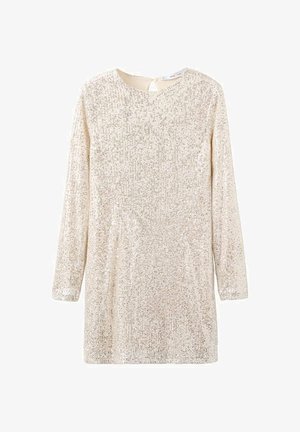 Robe à manches longues couleur crème, entièrement ornée de sequins. Encolure ronde avec une ouverture en goutte d'eau dans le dos. Texture lisse, coupe décontractée, longueur genoux.