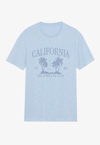 Svijetloplava pamučna majica s printom palmi, "CALIFORNIA", "1986" i "LOS ANGELES CITY" u tamnije plavoj boji. Kratki rukavi, okrugli izrez.