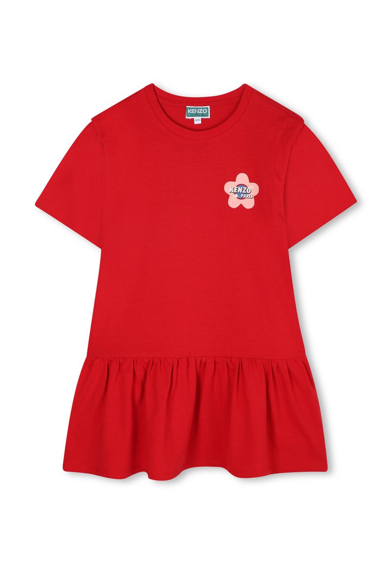 Czerwona bawełniana koszulka z krótkim rękawem, z rozkloszowanym dołem i różowym logo w kształcie kwiatu z napisem "KENZO PARIS" na piersiach.