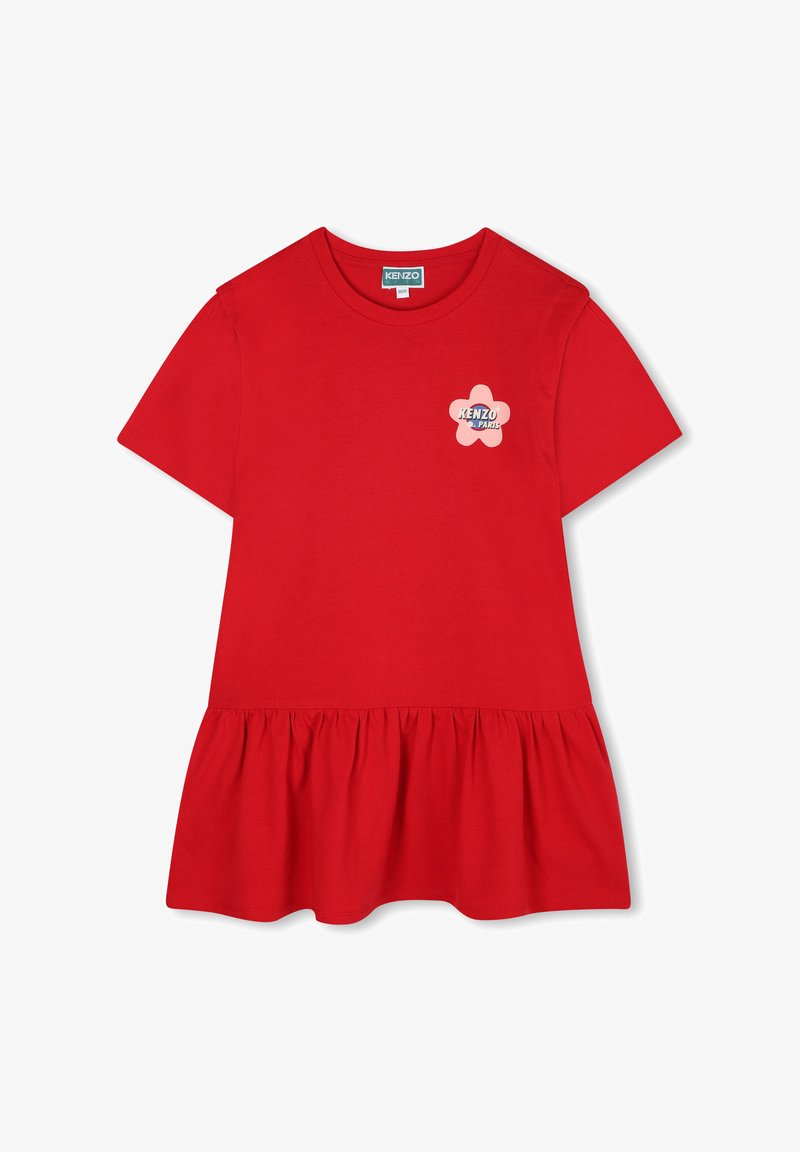 Czerwona bawełniana koszulka z krótkim rękawem, z rozkloszowanym dołem i różowym logo w kształcie kwiatu z napisem "KENZO PARIS" na piersiach.