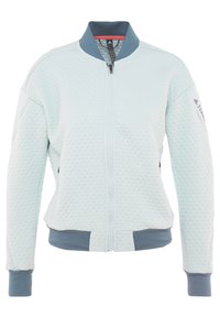 Světle modrá prešívaná bomber bunda se zipovým zap ínáním, žebrovanými manžetami a měkkým, texturovaným povrchem. Obsahuje kontrastní tmavě modrý límec.