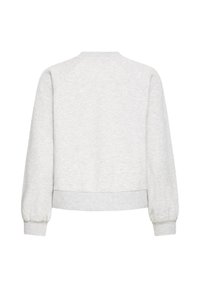 Sudadera de color gris claro con cuello redondo, mangas raglán y puños acanalados. Textura suave, diseño simple, sin patrones o acentos visibles.