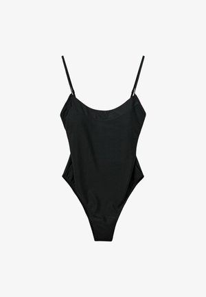 Melna viengabala peldkostīms ar plāniem regulējamiem siksniņām, apaļu dekoltē un augstām kāju atverēm. Gluda, matēta auduma ar minimālistisku dizainu.