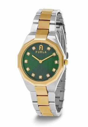 Reloj de pulsera metálico en dos tonos, plata y oro, con esfera verde, marcadores de hora de cristal, agujas doradas y logotipo Furla a las 12.