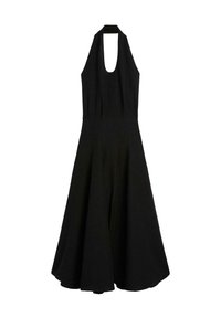 Abito halter nero con schiena bassa, gonna ampia e corpetto aderente. Tessuto liscio, lunghezza al ginocchio, dotato di un colletto sicuro.