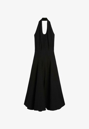 Robe halter noire avec un dos nu, jupe évasée et corsage ajusté. Tissu lisse, longueur genoux, dotée d'une attache sécurisée au cou.