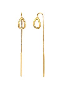 Goldene Tropfenohrstecker mit einer Tropfenform, die mit einer geflochtenen Kette und geraden Stangenakzenten verziert ist. Glatte Oberfläche mit glänzendem Finish.