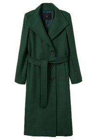 Long manteau trench en laine vert foncé avec de larges revers, trois boutons sur le devant et une ceinture assortie en tissu à la taille.