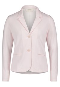 Blazer rose clair avec col cranté, deux poches avant, fermeture à double bouton et manches longues en tissu texturé.