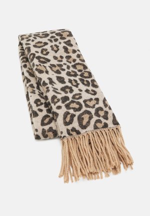 Шал с леопардов принт в бежово и кафяво, с очарователни ресни в краищата. Мек на допир с правоъгълна форма.