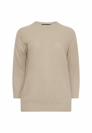 Beige gestrickter Pullover mit rundem Halsausschnitt, überschnittenen Schultern und einer leicht lockeren Passform. Die Textur weist ein durchgängiges Rippmuster auf.