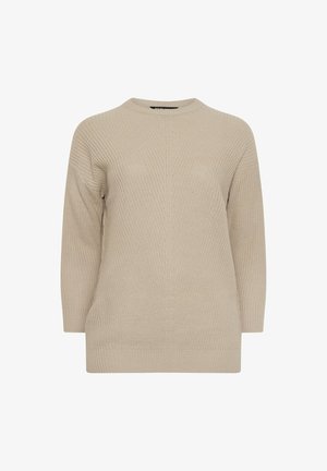 Beige gestrickter Pullover mit rundem Halsausschnitt, überschnittenen Schultern und einer leicht lockeren Passform. Die Textur weist ein durchgängiges Rippmuster auf.