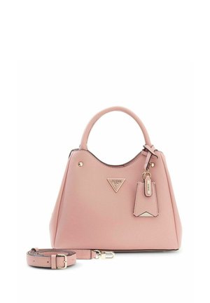 Sac à main Guess en cuir rose avec poignée supérieure, bandoulière amovible et logo ainsi que détails métalliques dorés.