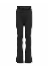 Fekete, bővülő leggings rugalmas anyagból, redőzött, gyűrt derékvonallal, sima textúrával és testhez simuló szilikon fittenséggel.