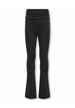 Zwarte flared leggings van stretchstof met een gedrapeerde, verzamelde tailleband, die een soepele textuur en een aansluitende pasvorm bieden.