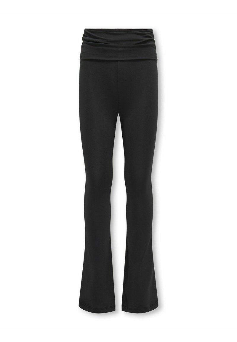 Fekete, bővülő leggings rugalmas anyagból, redőzött, gyűrt derékvonallal, sima textúrával és testhez simuló szilikon fittenséggel.