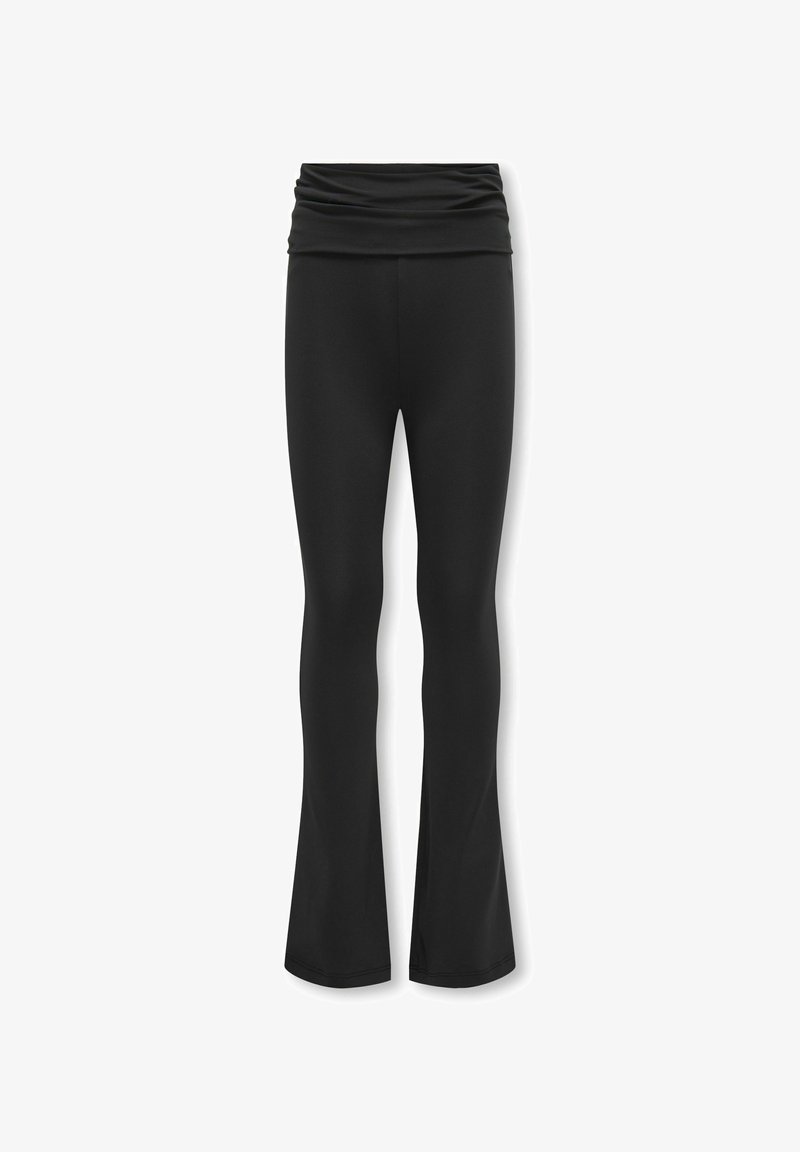 Fekete, bővülő leggings rugalmas anyagból, redőzött, gyűrt derékvonallal, sima textúrával és testhez simuló szilikon fittenséggel.