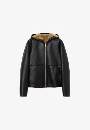 Black leather jacket with a hood, featuring a zip front, two front pockets, and a tan, fur-like lining. Smooth texture and modern design.