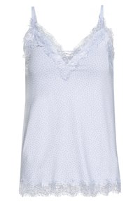 Světle modrý top na ramínka s tečkovaným vzorem, krajkový lem kolem výstřihu a spodního okraje, nastavitelné tenké ramínka, vyrobený z měkké látky.