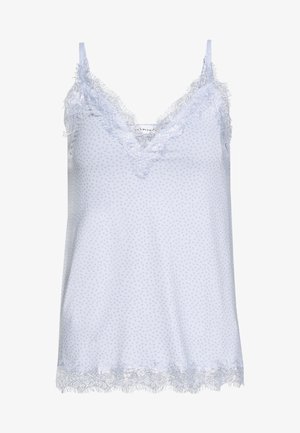 Ljusblå cami med prickigt mönster, spetskant runt halsringningen och fållen, justerbara tunna remmar, tillverkad av mjukt tyg.