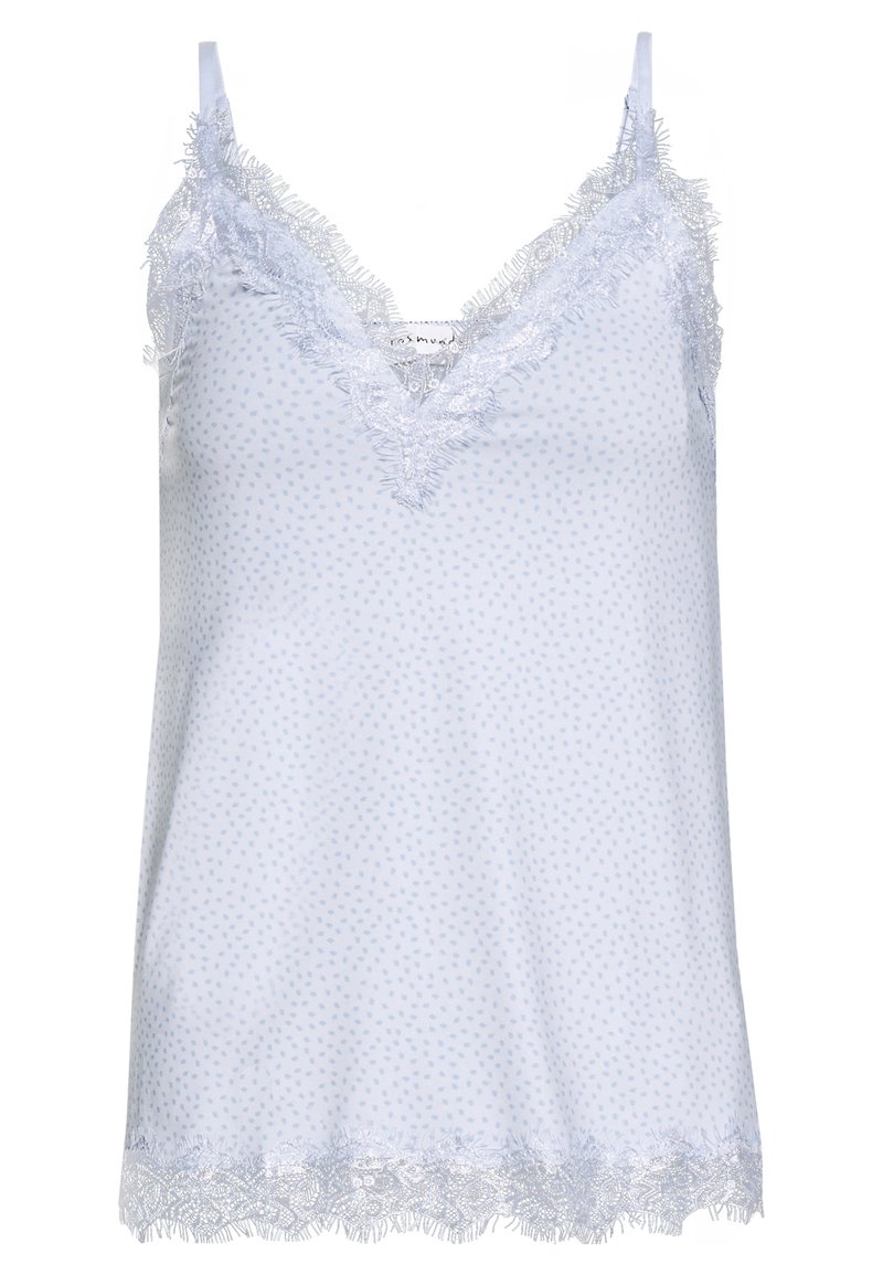 Světle modrý top na ramínka s tečkovaným vzorem, krajkový lem kolem výstřihu a spodního okraje, nastavitelné tenké ramínka, vyrobený z měkké látky.