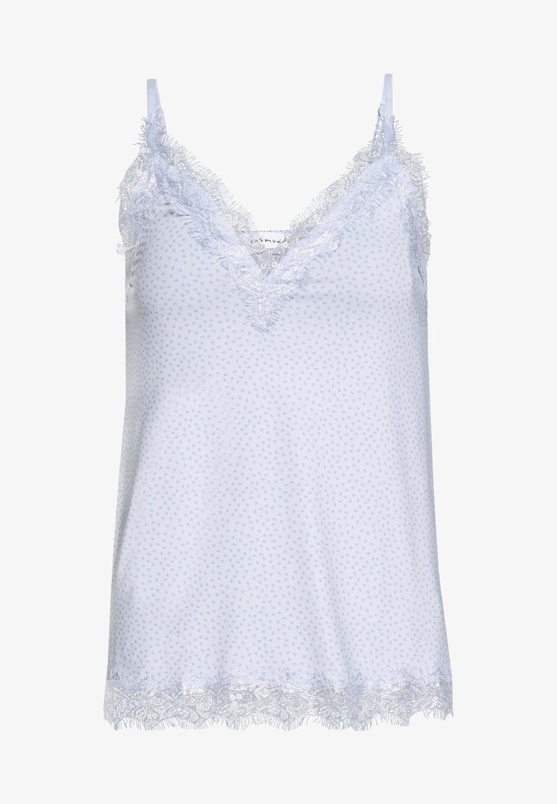 Světle modrý top na ramínka s tečkovaným vzorem, krajkový lem kolem výstřihu a spodního okraje, nastavitelné tenké ramínka, vyrobený z měkké látky.