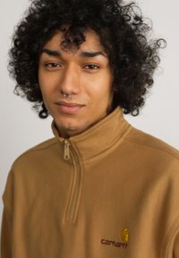 Brown, zip-neck sweatshirt made of soft fabric, featuring an embroidered logo in yellow and maroon. Has a relaxed fit and textured surface.