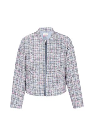 Trumpas bombonešio stilius švarkas iš daugiatiekės audinio su mėlynos, baltos ir rožinės spalvų mišiniu. Yra priekinis užtrauktukas ir dvi šoninės kišenės.