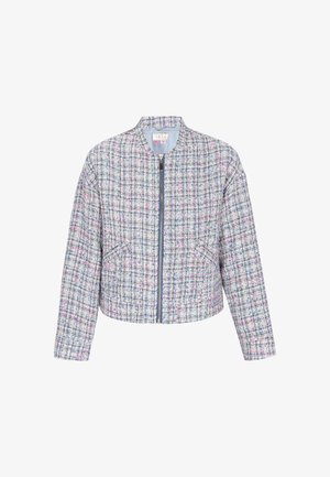 Afskåret bomberjakke i flerfarvet tweed med en blanding af blå, hvid og pink. Har en frontlynlås og to sidelommer.