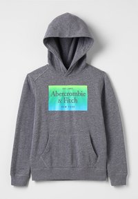 Grijze hoodie met een voorzak en een groen naar blauw verlooplogo met de tekst "Abercrombie & Fitch New York."