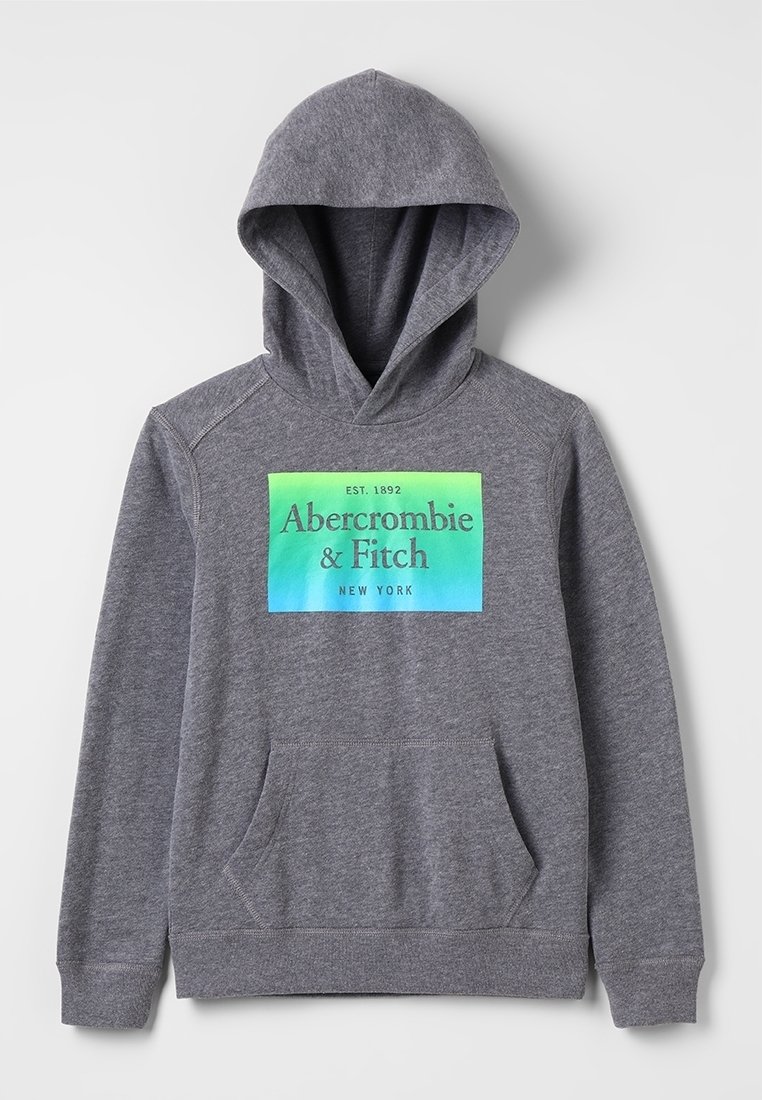 Grijze hoodie met een voorzak en een groen naar blauw verlooplogo met de tekst "Abercrombie & Fitch New York."