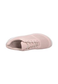 Helle rosa Leder-Sneaker mit perforiertem Obermaterial, runder Zehenpartie und weißer Sohle. Verfügt über passende Schnürsenkel und eine gepolsterte Innensohle.