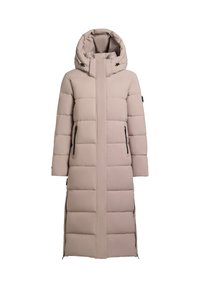 Langer, blassrosa, puffy Wintermantel mit Kapuze, ausgestattet mit einem Frontreißverschluss, seitlichen Taschen und horizontalen Steppnähten.