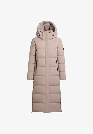 Long, pale pink, puffy winter coat with a hood, featuring a front zipper, side pockets, and horizontal quilting throughout.