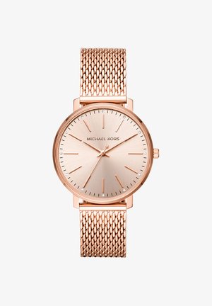 Reloj de pulsera Michael Kors en oro rosa con correa de malla, esfera minimalista, marcadores de hora delgados y pequeños detalles de cristal en las posiciones de las horas.
