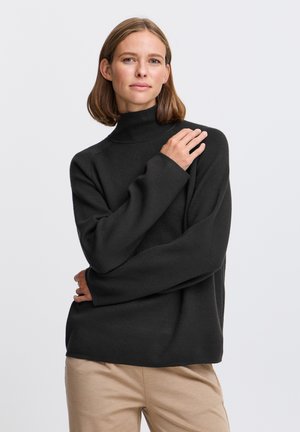 Maglione a collo alto nero, vestibilità morbida, maniche lunghe, texture soffice, design minimalista senza motivi o decorazioni visibili.