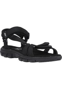 Black sandals with adjustable fabric straps, open-toe design, cushioned footbed, and textured rubber sole for grip and comfort.